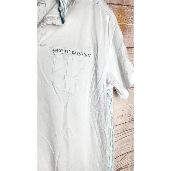Project Raw Large White Designer Polo Shirt With Graphic Print & Button-Up - Picture 5 of 10